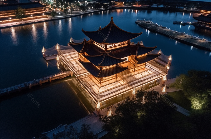 上海广富林遗址公园航拍夜晚亮灯的亭台楼阁,高清,摄影图,摄影图片,图片大全,摄影图免费下载